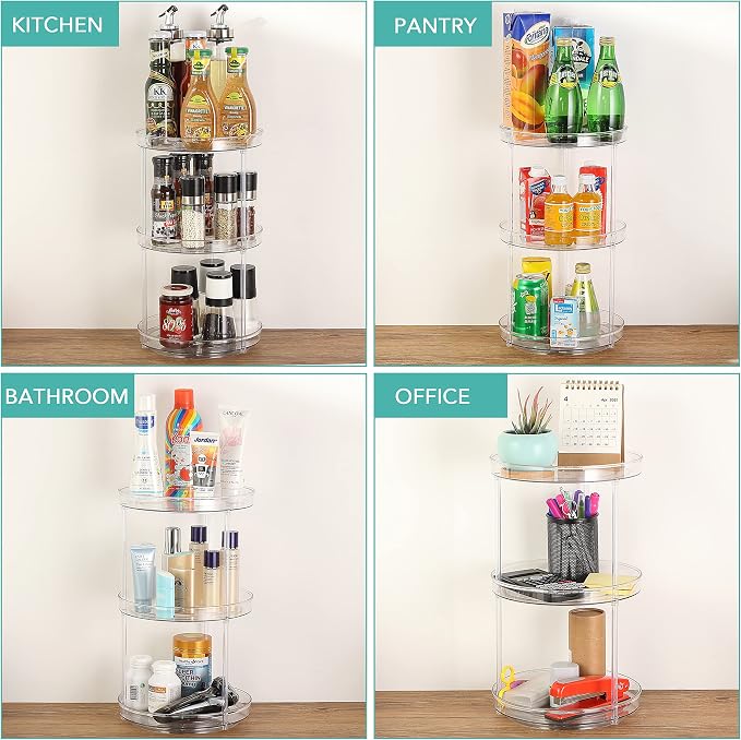 URALFA 3 Tier Lazy Susan Organizer, 9 Inch Clear Rotating Makeup Organizer | Acrylic 360 Rotating Tray, Plastic Spinning Organizer, Multi-layer Shelf for Bathroom, Pantry, Countertop, Kitchen, Cupboard