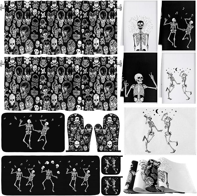 Fourluoo 16 Pcs Black Halloween Kitchen Decor Set Skeleton Towels Rugs | Dishcloths Pot Holders, Non Slip Floor Mats, Heat Resistant Mitts, Scary Curtains, Spooky Gothic Home Decor Accessories