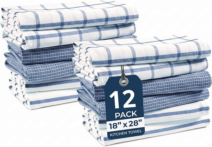 LANE LINEN Dish Towels Set of 12-18” x 28” Soft, Absorbent Cotton Kitchen Towels, Quick-Drying Tea & Hand Towels, Premium Decorative Dish Cloths - Indigo
