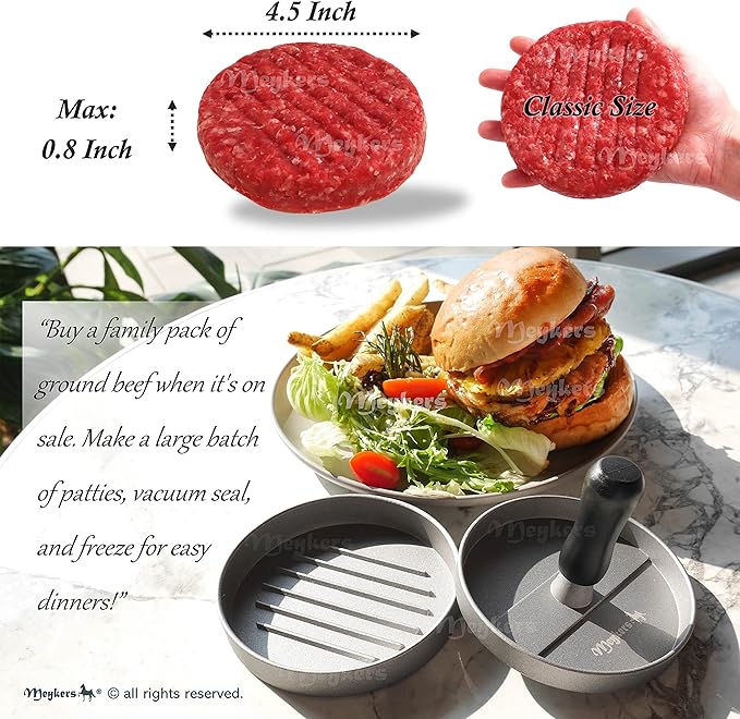 Meykers Hamburger Press Patty Maker 150 Paper, 4.5” Burger Mold Meat Shaper | Non-Stick, BPA Free, Dishwasher Safe, Juice-Locking Grooves, Wax Paper, Beef Cheese Burger for Kitchen Grill Griddle BBQ