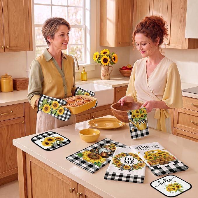 Tieshankao 10Pcs Sunflower Kitchen Decor Accessories Set | Black Checkered Sunflower Theme, Kitchen Towels, Oven Mitts, Pot Holders, Rugs and Mats, Baking Supplies, Housewarming Gifts