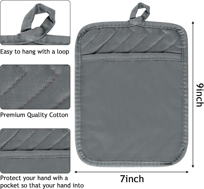 R HORSE 6 Pack Gray Pot Holders with Pocket for Kitchen, 7''x 9'' | Cotton Potholders, Heat Resistant Oven Mitts, Non-slip Terry Cloth Trivet, Ideal for Baking, Cooking, Machine Wash
