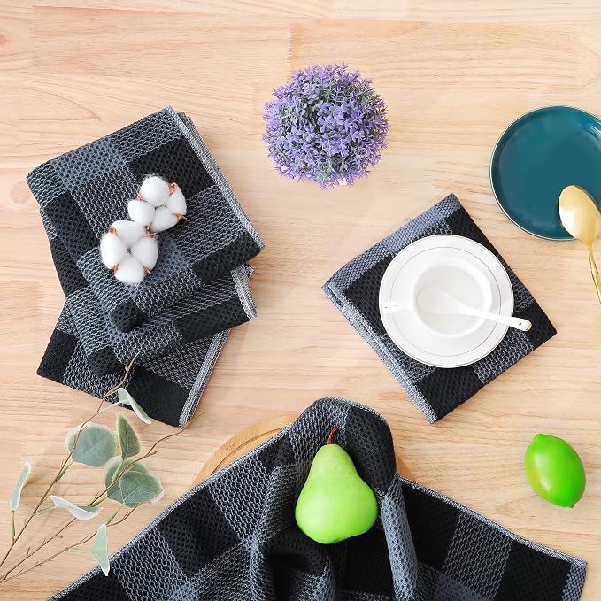 Homaxy Kitchen Towels and Dishcloths Set, Set of 8, Black & Grey | Bulk Cotton Waffle Weave Check Plaid Kitchen Towels, Super Soft and Absorbent Dish Cloths, 12 x 12 and 13 x 28 Inches