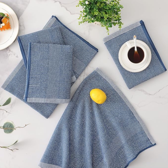 Mordimy Premium Large Cotton Kitchen Towels (18"x 28", 8 Pack), Navy Blue | 100% Ring Spun Cotton, Super Absorbent, 380 GSM, Flat & Terry, Soft, Hanging Loop Dish Towels