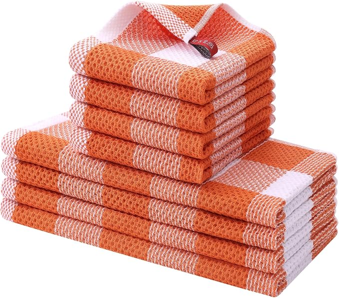Homaxy Kitchen Towels and Dishcloths Set, Set of 8, White & Orange | Bulk Cotton Waffle Weave Check Plaid Kitchen Towels, Super Soft and Absorbent Dish Cloths, 12 x 12 and 13 x 28 Inches