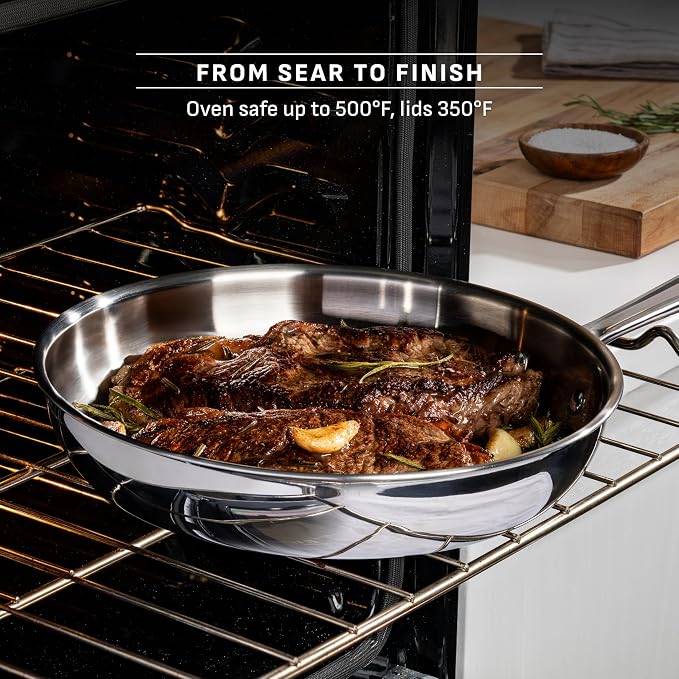 T-Fal Pro Tri-Ply Stainless Steel Frying Pan Set, 3-Piece, Induction | 8, 10 & 12 in frying pans, NSF-certified, Oven safe to 500 °F, All cooktop compatible, Built-in measuring marks