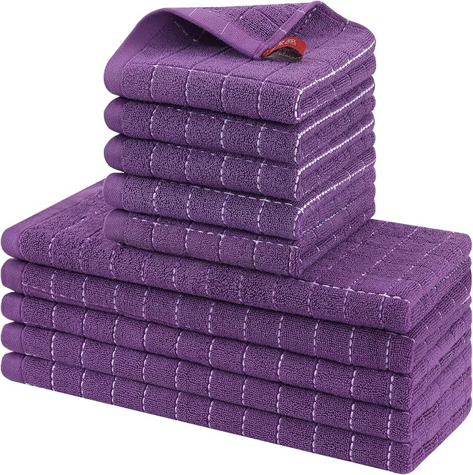 Homaxy Kitchen Towels and Dishcloths Set, Set of 10, Purple | Bulk Cotton Terry Kitchen Towels, Checkered Designed, Soft and Super Absorbent Dish Towels, 12 x 12 and 13 x 28 Inches