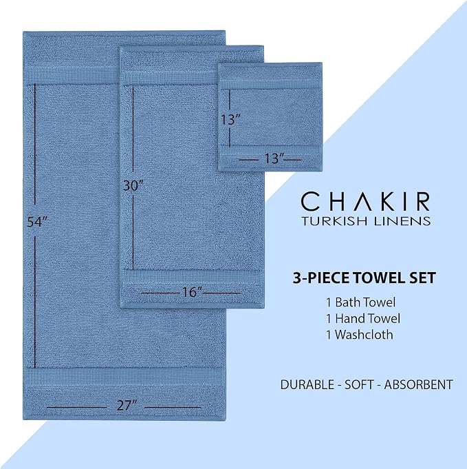 Chakir Turkish Linens Personalized 3 Piece Towel Set, 100% Cotton Luxury Turkish Towels for Bathroom, Soft Absorbent Towel Set with Bath Towel Hand Towel and Washcloth, Wedgewood