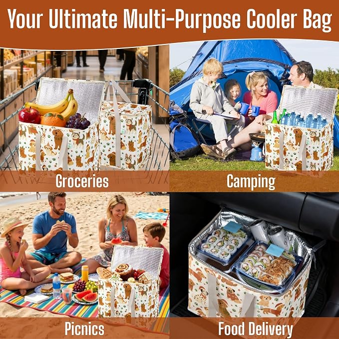 VENO 2 Pack Insulated Cooler Bag for Food Delivery, Reusable Grocery Bag | Heavy Duty Large Collapsible Cooler Shopping Tote w/ Zippers, Foldable, Stands Upright for Camping (Holiday Pups, 2 Pack)