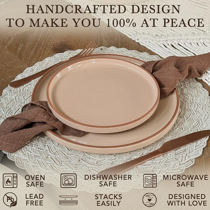 Mora Ceramic Flat Dinner Plates Set of 6, 10.5 in High Edge Dish Set - Microwave, Oven, and Dishwasher Safe, Scratch Resistant, Modern Dinnerware- Kitchen Porcelain Serving Dishes - Chai
