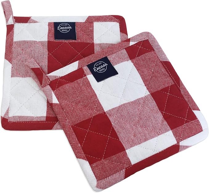 Encasa XO Pot Holders, Quilted Kitchen Hot Pads 8"x8" Buffalo Red Checks | 100% Eco-Friendly Cotton | Thick Cotton Padding Insulation | Convenient Hanging Loop | Set of 2