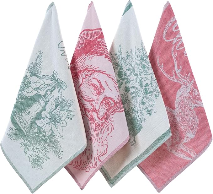 Christmas Tea Towel Set of 4-100% Cotton Jacquard Kitchen Towels, Festive Dish Towels for Christmas Decor, Perfect Hostess Gift (Merry Christmas)