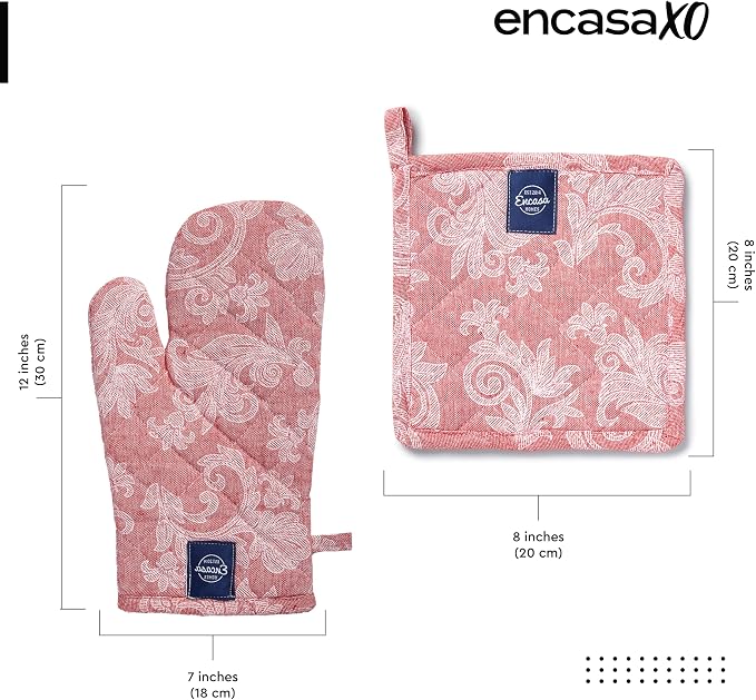 Encasa XO Oven Mitts and Pot Holders Set, Heat Resistant Cotton | Floral Red, Diamond Quilted | Non-Slip Grip | Microwave & Oven Safe | Hanging Loop | Machine Washable | Set of 2