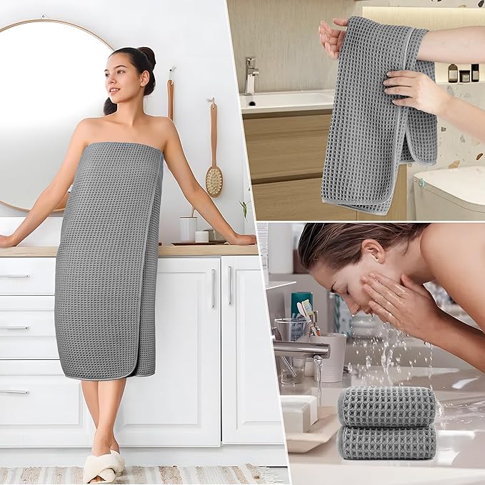 POLYTE 430 GSM Poly Blend Microfiber Quick Dry Waffle Bath Towel Set of 6 | 2-Body Towels, 2-Hand Towels, 2-Wash cloths, Oversize, Lint Free