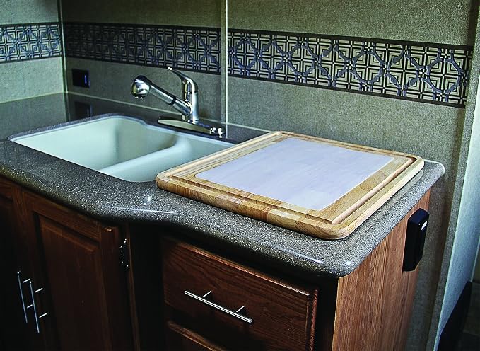 Camco - Hardwood Cutting Board and Stove Topper with Non-Skid Backing, Includes Flexible Cutting Mat (43753) | Includes flexible cutting mat to protect wood finish, will not dull knives, eliminates rattles, 17 x 19-1/2 x 3/4 in
