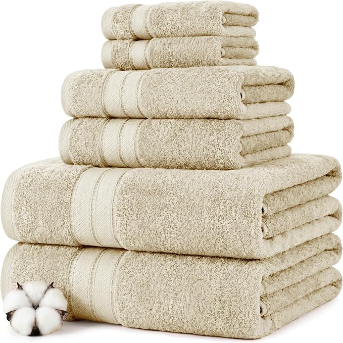 Modern Threads - Spun Loft 6-Piece 100% Combed Cotton Towel Set - Bath Towels, Hand Towels, & Washcloths - Super Absorbent & Quick Dry - 600 GSM - Soft & Plush, Sand