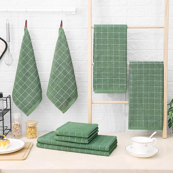 Homaxy Kitchen Towels and Dishcloths Set, Set of 8, Grass Green | Bulk Cotton Terry Kitchen Towels, Checkered Designed, Soft and Super Absorbent Dish Towels, 12 x 12 and 13 x 28 Inches