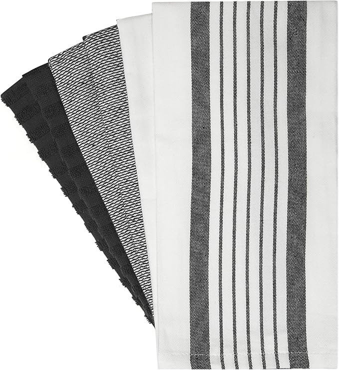 Premium Kitchen Towels 6 Pack 100% Cotton 20"x28" Dish Towels Black Striped | Large Flat & Terry Kitchen Linen Set with Hanging Loops, Highly Absorbent for Washing and Drying Dishes