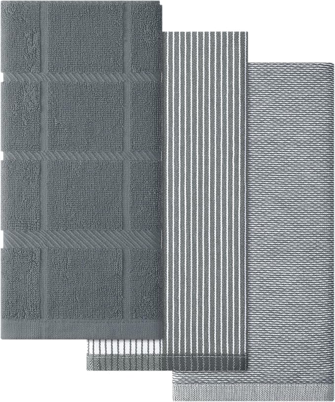 Homaxy 3 Pack Cotton Terry Premium Kitchen Towels, 18 x 28 in, Grey | Large 380 GSM Dish Towels, Highly Absorben Flat & Terry Kitchen Hand Towels, Soft Utility Tea Towel Set with Hanging Loop