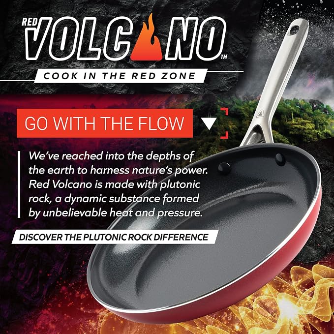 Textured Ceramic Nonstick, 11" Flat Bottom Wok Stir-Fry Pan with Lid for High Heat Cooking, Oven & Broiler Safe to 600 Degrees, Dishwasher Safe, PFAS PFOA & PTFE Free, Red