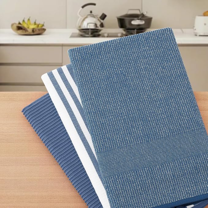 Homaxy Cotton 380 GSM Premium Kitchen Towels, 18"x 28", 9 Pack, Navy Blue | Soft and Absorbent Terry Dish Towels, Multipurpose Tea Towel Set with Hanging Loop, 3 Styles Kitchen Hand Towels