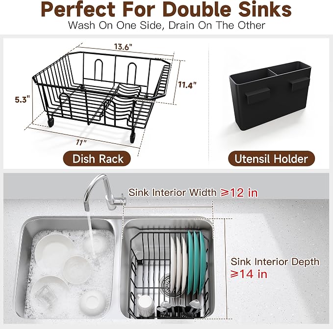 JASIWAY in Sink Dish Drying Rack, Stainless Steel Small Black Dish Drainer | Perfect Fit 12"x14" Double Bowl Sink, Counter Space Saving for Kitchen, Apartment, Sturdy Dish Dryer with Utensil Holder