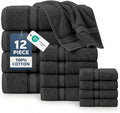 LANE LINEN Bath Towel Set Quick Dry 100% Cotton 12 Piece Soft - Black | Cotton Bath Towels - Classic Terry Weave, Densely Woven, Coordinated Colors, Dobby Border Accent, OEKO-TEX Certified