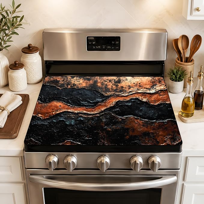 Black Gold Marble Stove Cover 28.3 x 20.5 Inches, Abstract Stove Top Protector, Heat Resistant Non Slip Glass Electric Stove Cover Board, Modern Luxury Kitchen Decor Mat (Black Brown)