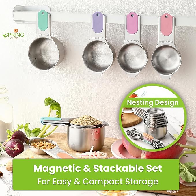 Spring Chef Magnetic Measuring Cups & Spoons Set of 15, Patented, Pastel | Stackable Stainless Steel Measuring Cups & Heavy Duty Metal Measuring Spoons with Levelers for Dry & Liquid Ingredients