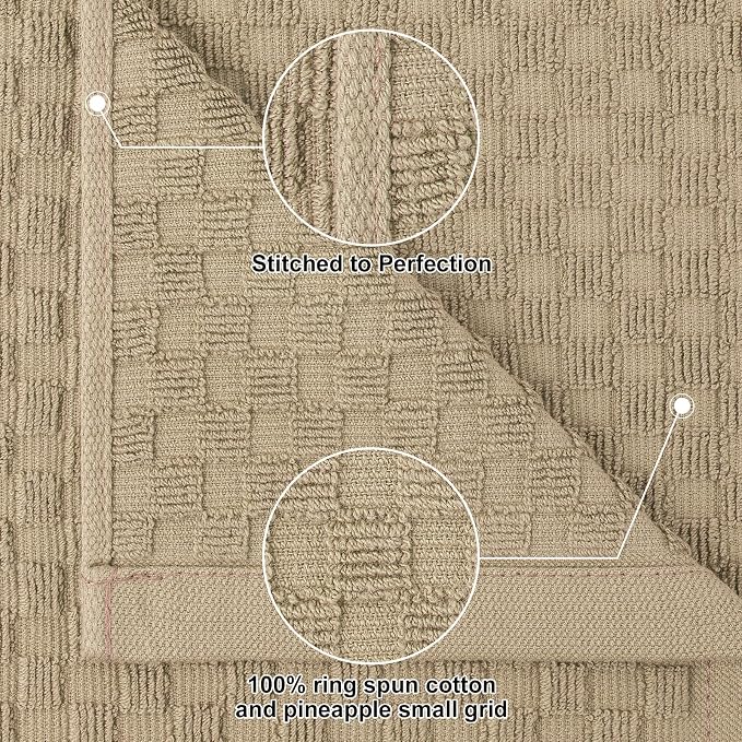 Homaxy 100% Cotton Terry Kitchen Towels(15" x 25", 8 Pack), Tan | Soft and Super Absorbent Dish Towels, 380 GSM Reusable Tea Towel with Hanging Loop, Pineapple Grid Designed