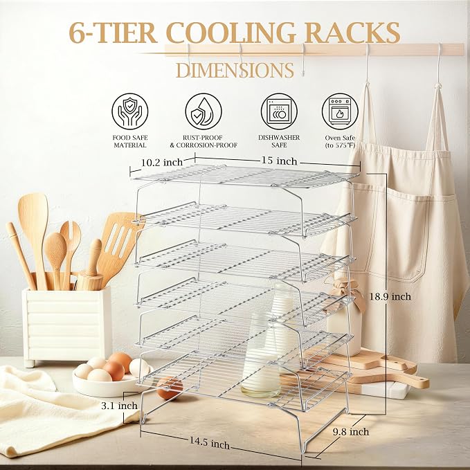 LIANYU Cooling Rack 15"x10", 6-Tier Stackable & Collapsible Cooling Racks | Stainless Steel Wire Baking Racks Fits Jelly Roll Pan, Great for Cooking, Baking, Roasting, Grilling, Oven & Dishwasher Safe