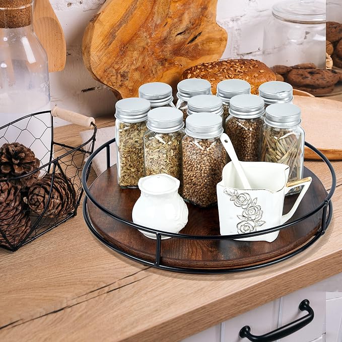 12" Rustic Brown Wood Lazy Susan,360° Decorative Turntable for Countertop