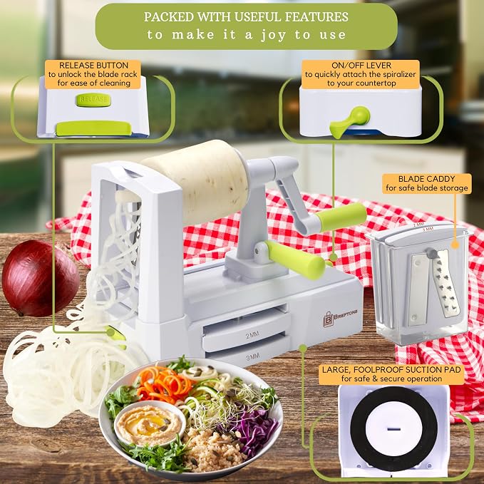 Brieftons 5-Blade Vegetable Spiralizer & Veggie Noodle Maker: Japanese 420-Grade Steel Blades for Zucchini Pasta, Sweet Potato & Beet Noodles, Strong Suction Pad, 4 Recipe eBooks | Keto Vegan Paleo