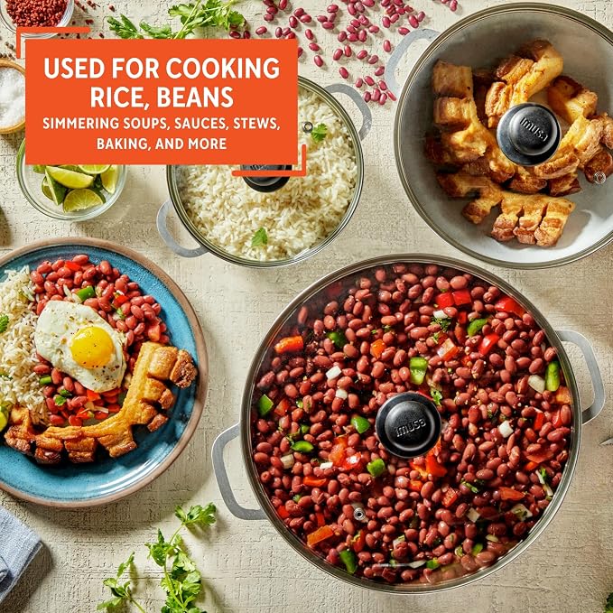 IMUSA 1.5, 2.5 & 5.2 Qt Cast Aluminum Caldero 3 Piece Set with Glass Lid | Polished Finish, Glass Lid with Riveted Handles, Ideal for Rice and Stews, Perfect for Serving Medium and Small Groups