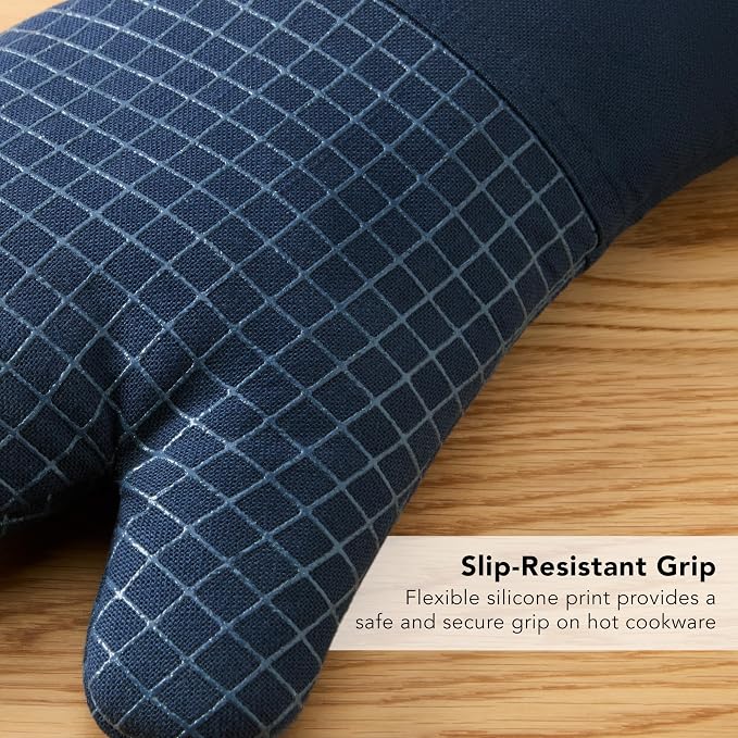 KITCHENAID Gourmet Series Gridlines Oven Mitts 2-Pack Set, Heat Resistant up to 600°F, Soft Silicone Grip, Magnetic Cuff, Ink Blue, 7"x14"