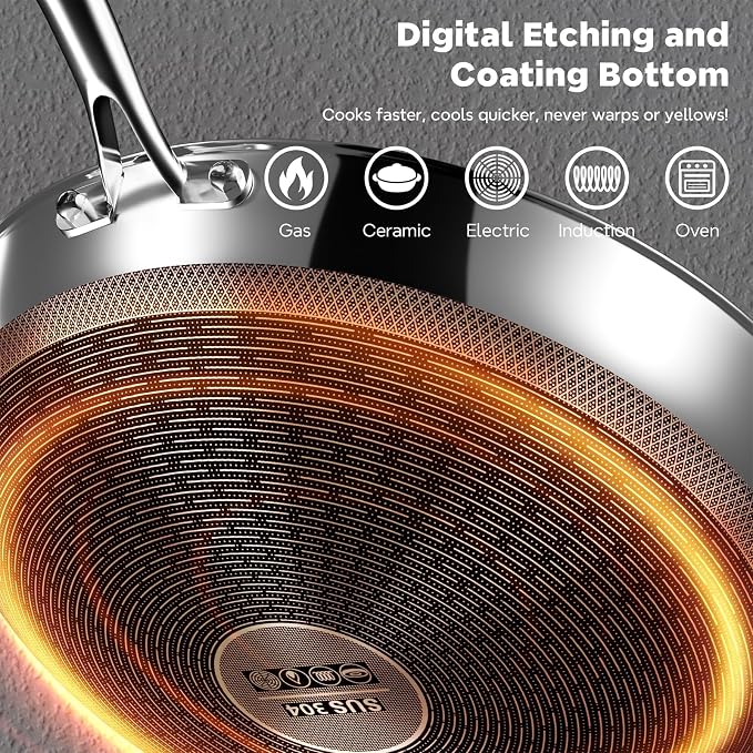 Wok Pan, 13-Inch Stainless Steel Woks & Stir-Fry Pans Nonstick, Wok Pan with Lid for Induction, Hybrid，Electric, Gas, Halogen, All Stoves, Professional PFOA Free Cookware, Dishwasher & Fast Heat