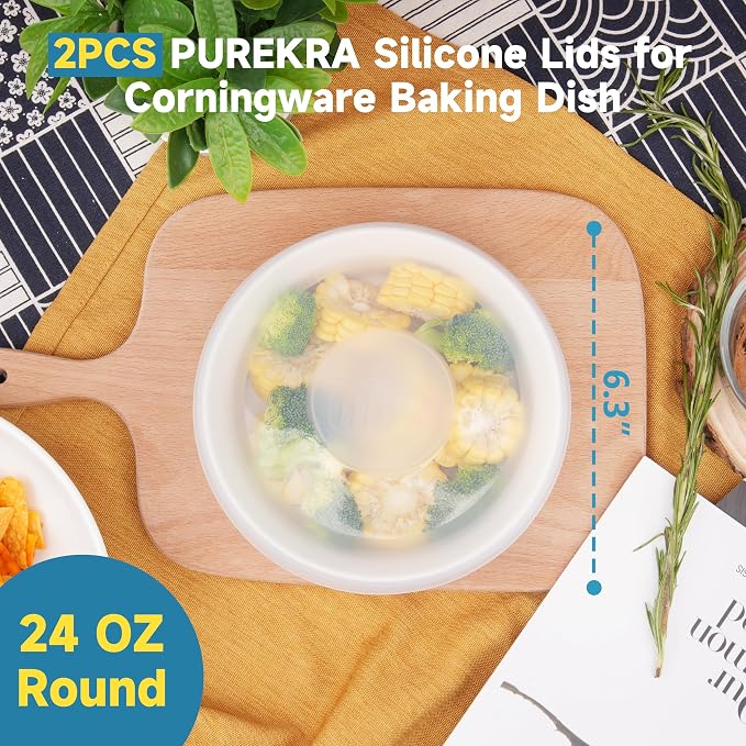 Silicone Lids for CorningWare 24 Ounce Round Dish, 2 Pack Reusable Covers for CorningWare F-24-PC French White Baking Dish (Dish not Included) Dishwasher & Microwave & Freezer Safe