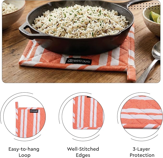 Encasa XO Oven Mitts and Pot Holders Set, Heat Resistant Cotton | Franca Orange Stripes, Diamond Quilted | Non-Slip Grip | Microwave & Oven Safe | Hanging Loop | Machine Washable | Set of 2