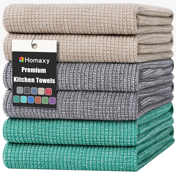 Homaxy 380 GSM Cotton Premium Kitchen Towels 6 Pack, 18"x 28", Mix | Flat and Terry Dish Towels, Highly Absorbent Tea Towel Set with Hanging Loop, Soft Kitchen Hand Towels, Grey/Green/Khaki