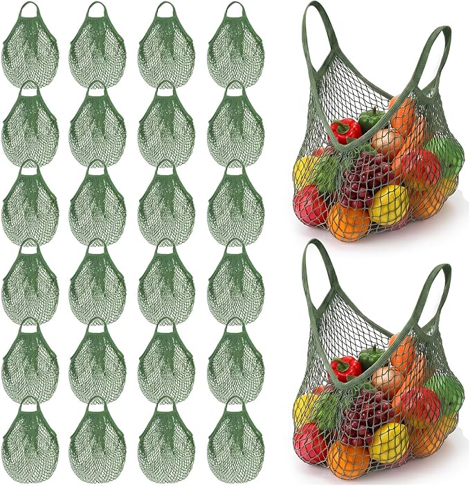 Woanger 24 Pcs Green Short Handle Reusable Cotton Mesh Produce Shopping Bags Washable Grocery Net Portable Fruit and Vegetable Cotton String Bags Net Tote Organizer
