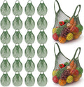Woanger 24 Pcs Green Short Handle Reusable Cotton Mesh Produce Shopping Bags Washable Grocery Net Portable Fruit and Vegetable Cotton String Bags Net Tote Organizer