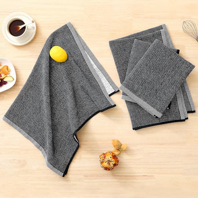 Homaxy 380 GSM Cotton Premium Kitchen Towels 12 Pack, 18"x 28", Black | Flat and Terry Dish Towels, Highly Absorbent Tea Towel Set with Hanging Loop, Soft Utility Kitchen Hand Towels