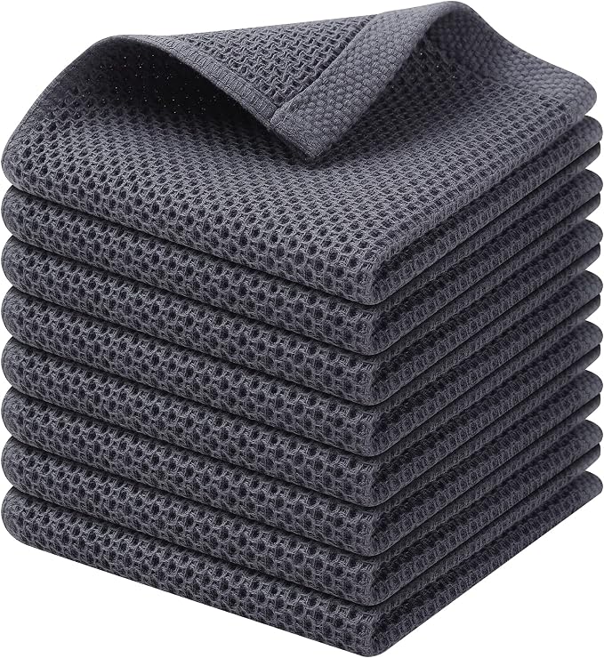 Kitinjoy 100% Cotton Waffle 8-Pack Kitchen Towels, 12" x 12", Dark Grey | Ultra Absorbent, Super Soft, lightweight, Quick Drying Dish Rags for Washing Dishes