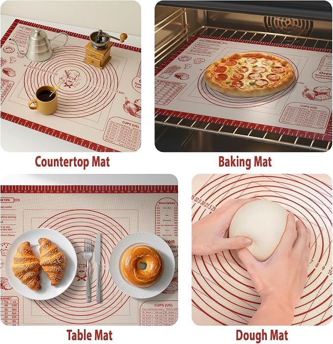 Silicone Baking Pastry Dough Mat - Non Slip Rolling Mat with Measurement Guides, Thick Reusable Kneading Board for Bread, Pizza, Cookies, Fondant, Nonstick Baking Sheet for Kitchen Counter, 20x28inch