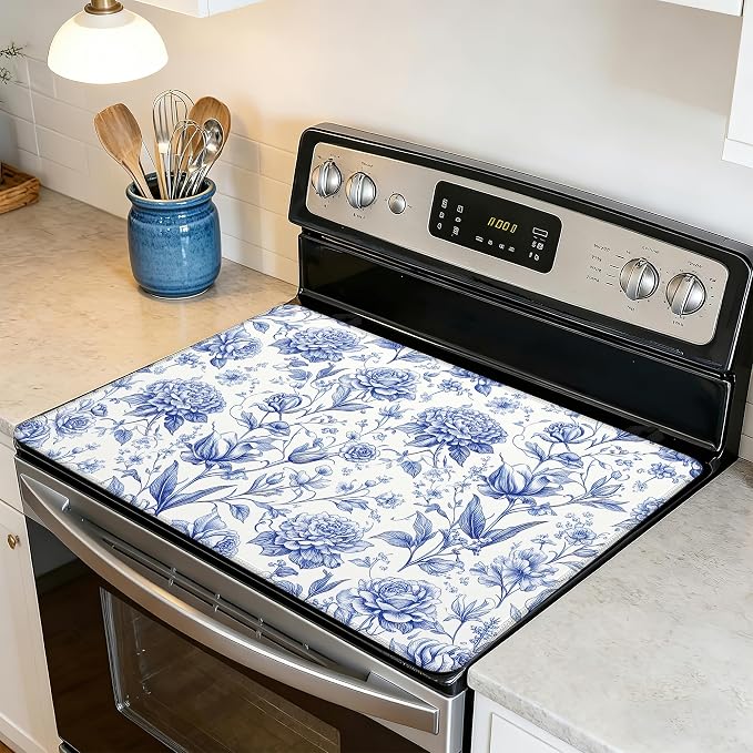 Blue Floral Glass Top Stove Cover Protector,Retro Spring Flowers Heat Resistant Stove Top Cover, Large Size Range Covers for Electric Stove Countertop Mat, 28 x 20 Inch