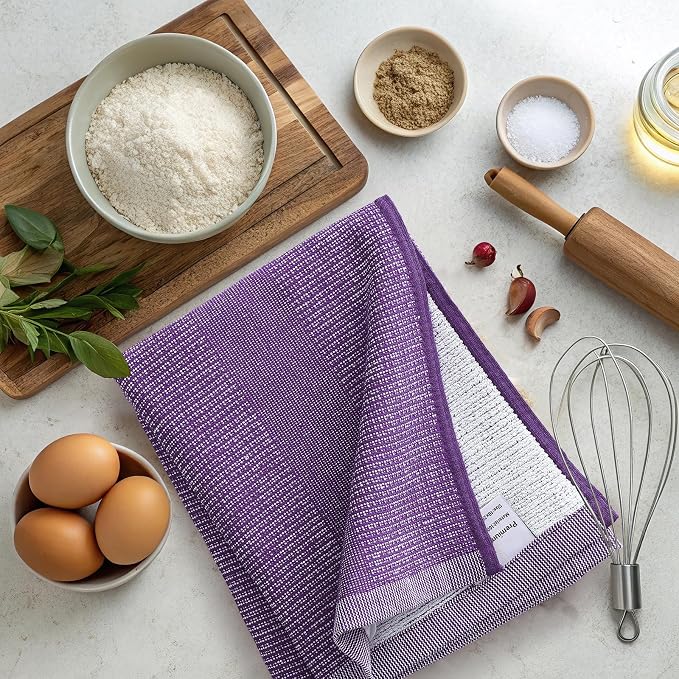 Mordimy Premium Large Cotton Kitchen Towels (18"x 28", 6 Pack), Purple | 100% Ring Spun Cotton, Super Absorbent, 380 GSM, Flat & Terry, Soft, Hanging Loop Dish Towels