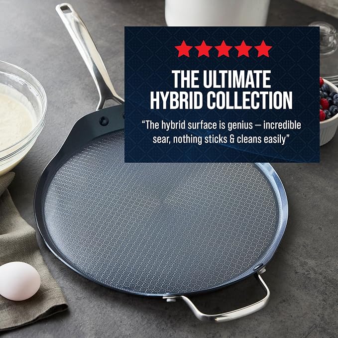 Blue Diamond Hybrid 12" Stainless Steel Nonstick XL Griddle Pan | PFAS-Free Ceramic Nonstick Round Skillet, Induction & All Cooktop Ready, Dishwasher and Oven Safe, Metal Utensil Safe
