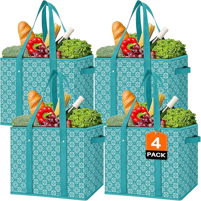 Reusable Grocery Bags 4 Pack, Foldable & Water Resistant Shopping Bags | Large Grocery Tote Bag Water Resistant Shopping Bags Foldable Grocery Bag for Clothes,Shoes and Picnic