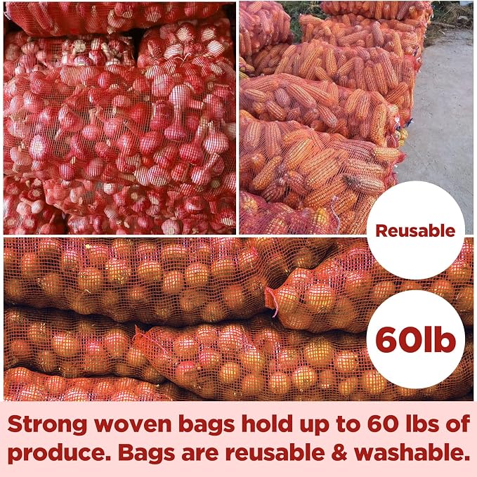 50pcs Mesh Produce Bags 60 lbs Extra Large PP Mesh Vegetable Bags 19"×31" Reusable Produce Bag Washable Net Bag for Vegetables Onions Potatoes Citrus Crawfish, Red