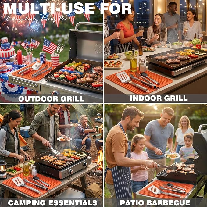 2 Pack Caketime Silicone Grill Mats Compatible with All Griddle Types Flat Top Accessories Kitchen Countertop Outdoor Patio Tools Summer Camping Lawn Gadgets Father Dad Chef Men Gifts(Orange)